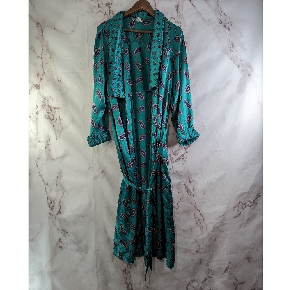 Vintage Robe Womens Medium Green Satin Paisley Long Full Length Housecoat Bath